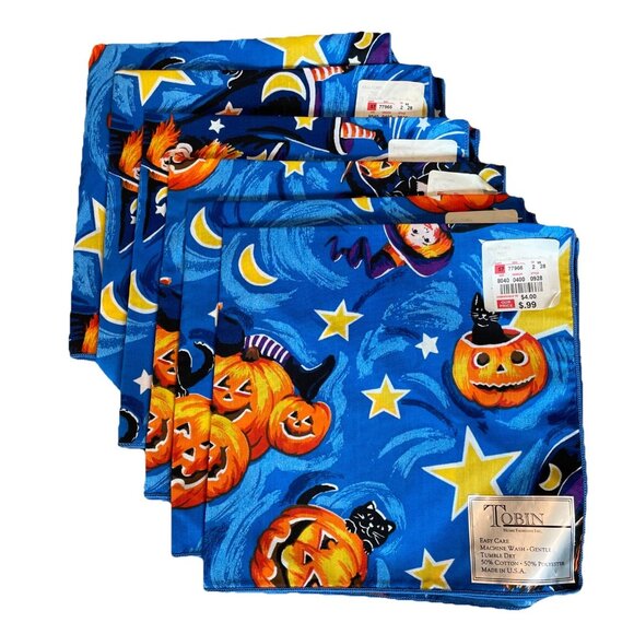 Vintage 6 Tobin Halloween Cloth Dinner Napkins Bewitched Witch Pumpkins 17x17" - Picture 2 of 7